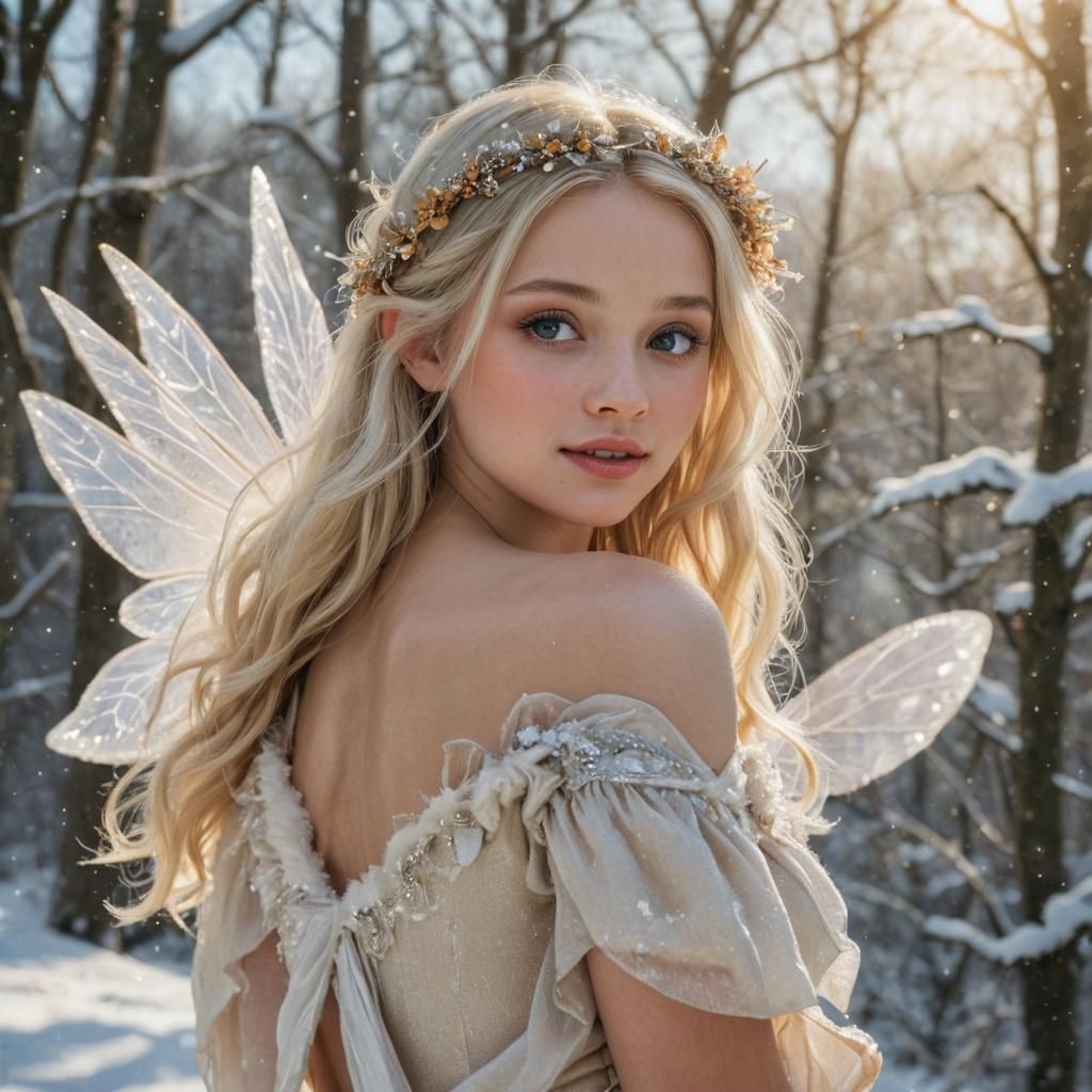 Photorealistic Blonde Fairy in Snowy Landscape