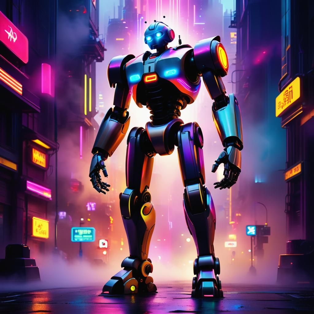 Futuristic Robot Hero in Metropolis: 3D Digital Art