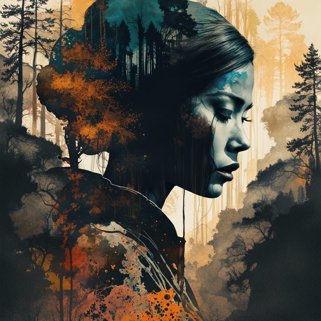 Surreal Silhouette Portrait with Landscape, Splash Art