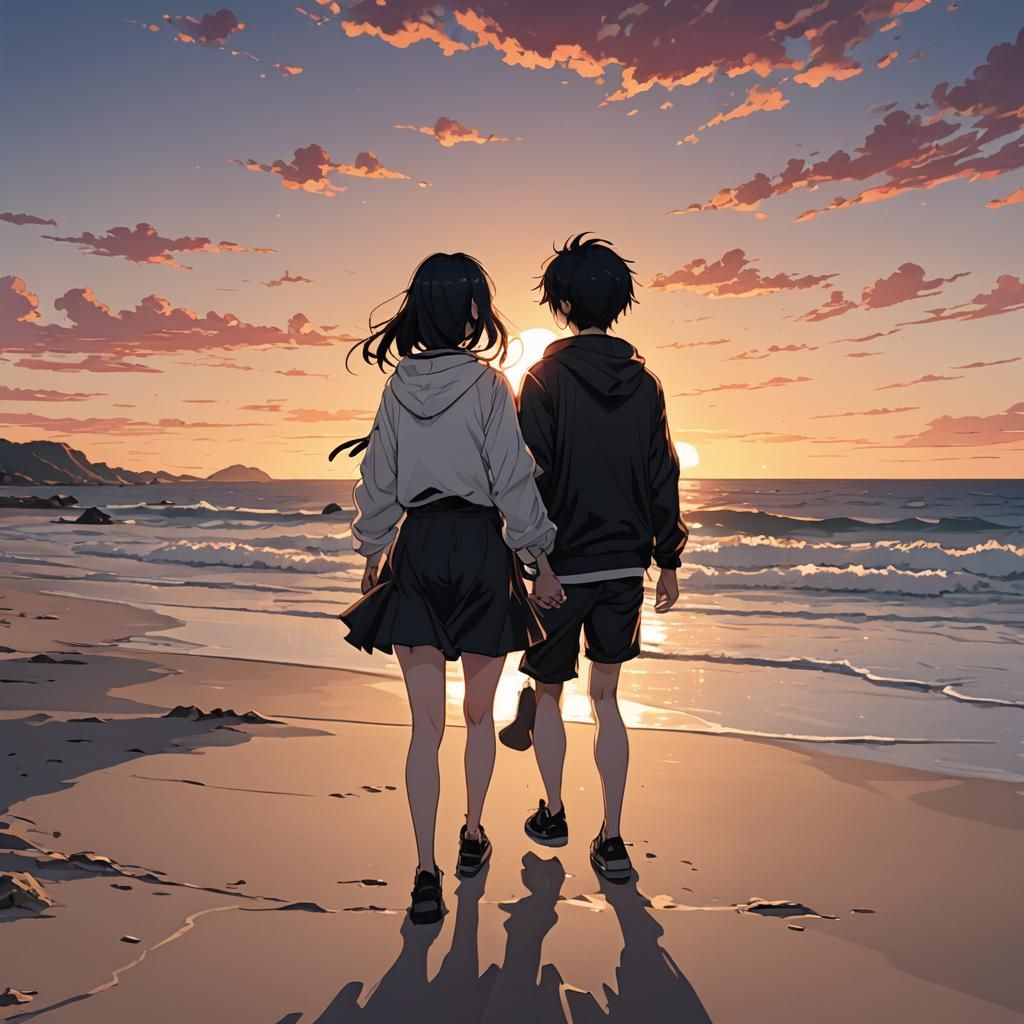 Anime Style Sunset Beach Walk with Emo Couple