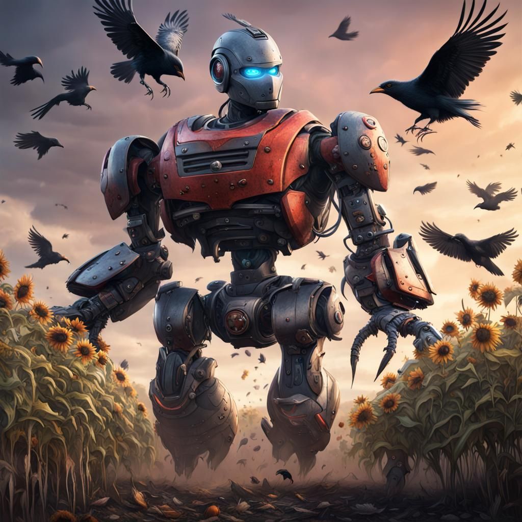 Robot Farmer Defends Crops: Fantasy Concept Art