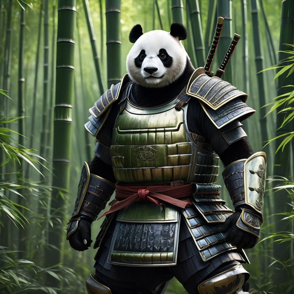 view of a samurai panda, samurai armor, superhero body, Marv...