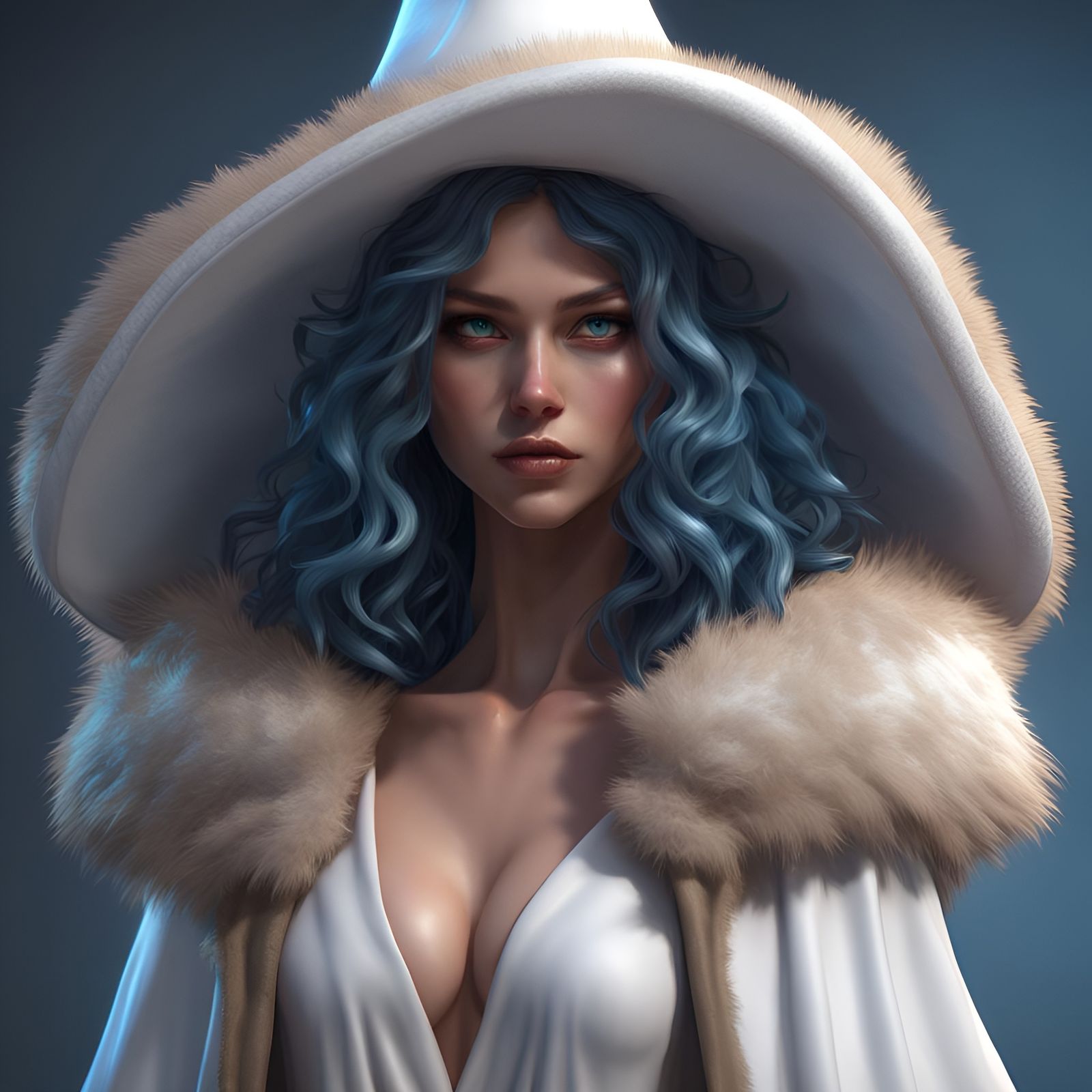 Blue-Haired Sorceress in White Robes: 3D Render