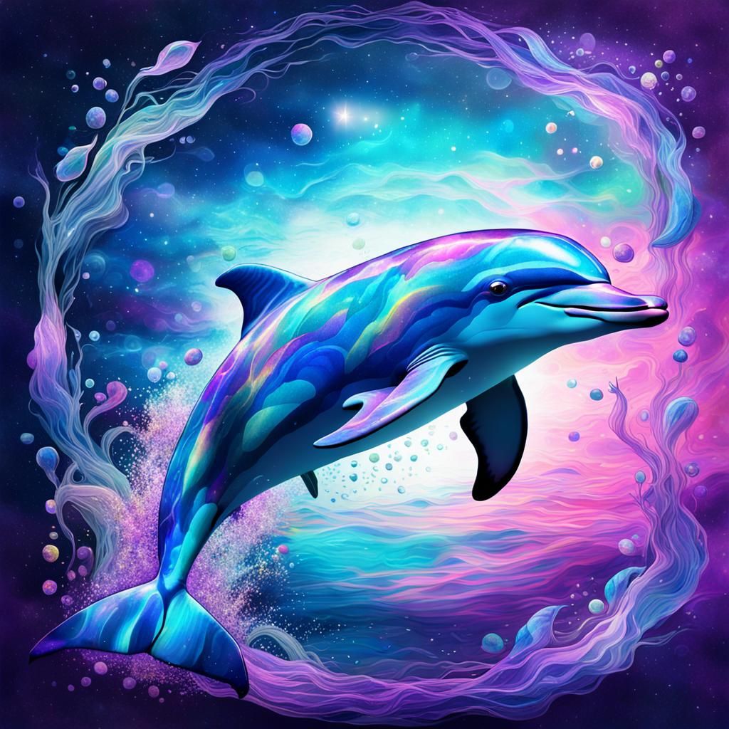 Purple Dolphin Swimming in Holographic Astral Style