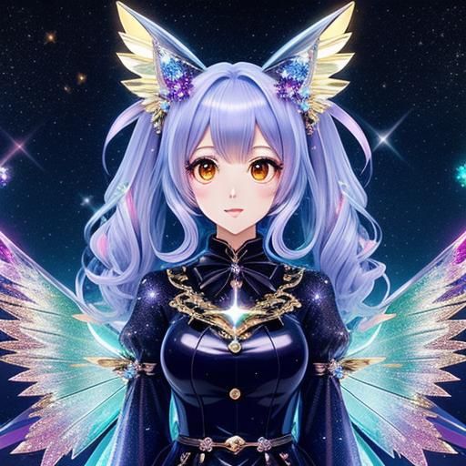 Kawaii anime neko girl with shiny crystal and glass wings 12...