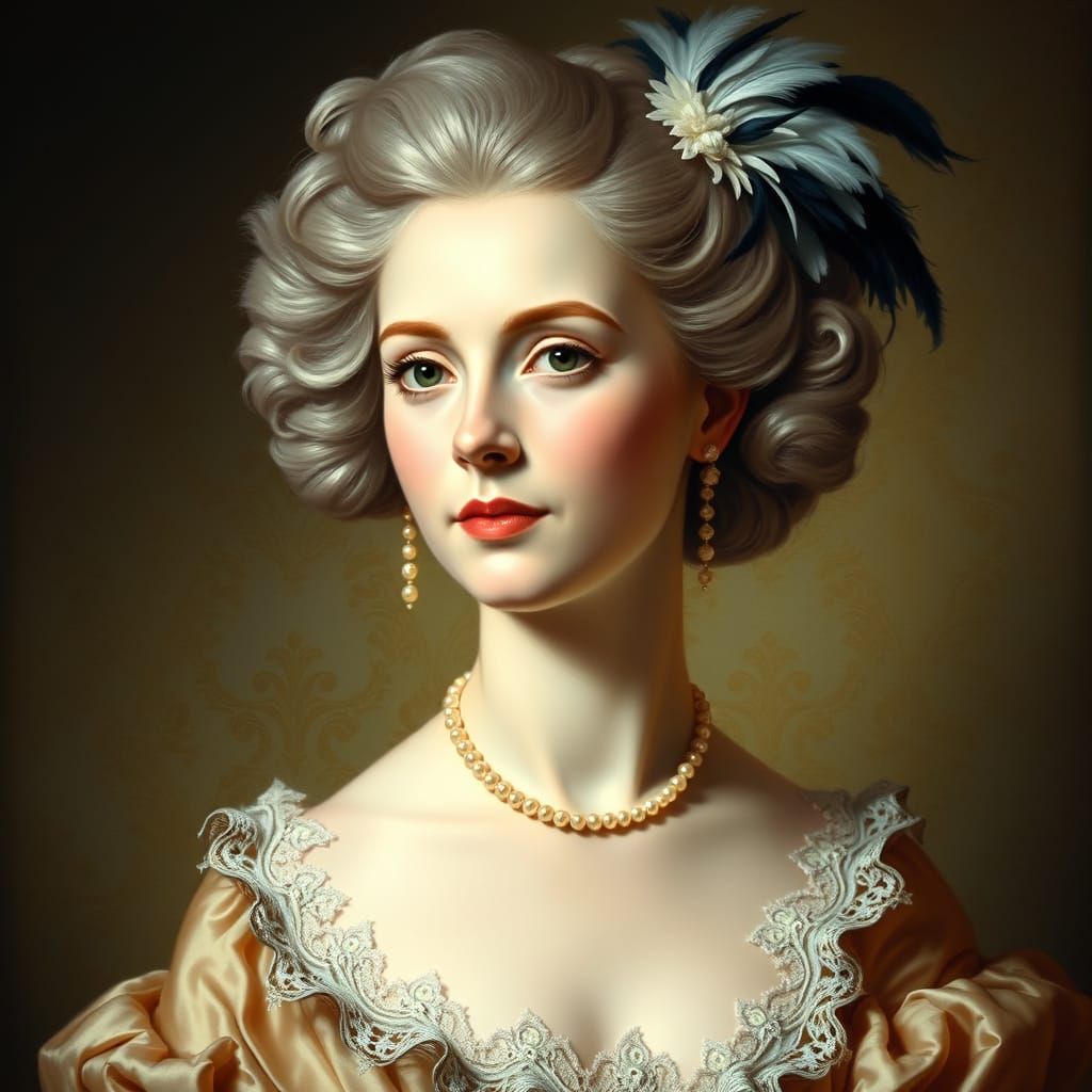 Elegant Rococo Woman Portrait with Feathers and Pearls