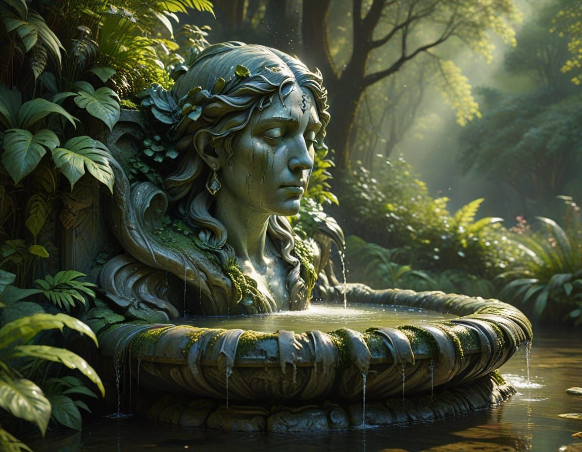 Ornate Marble Fountain in Forest, Hyperrealistic Style
