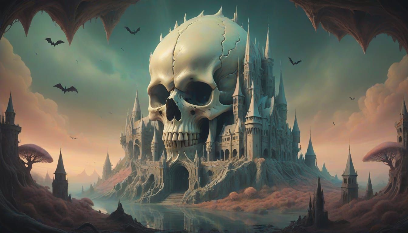 Gothic Fantasy Castle Amidst Mystical Bats in Soft Pastel Hu...