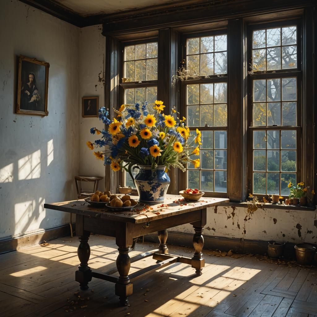 Golden Flowers on Butcher Table: Hyperrealist Painting