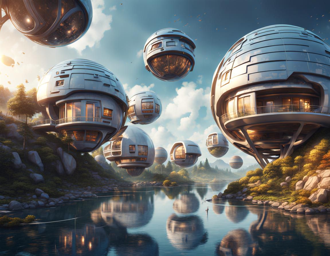 Floating Sphere Homes: Sci-Fi Digital Illustration
