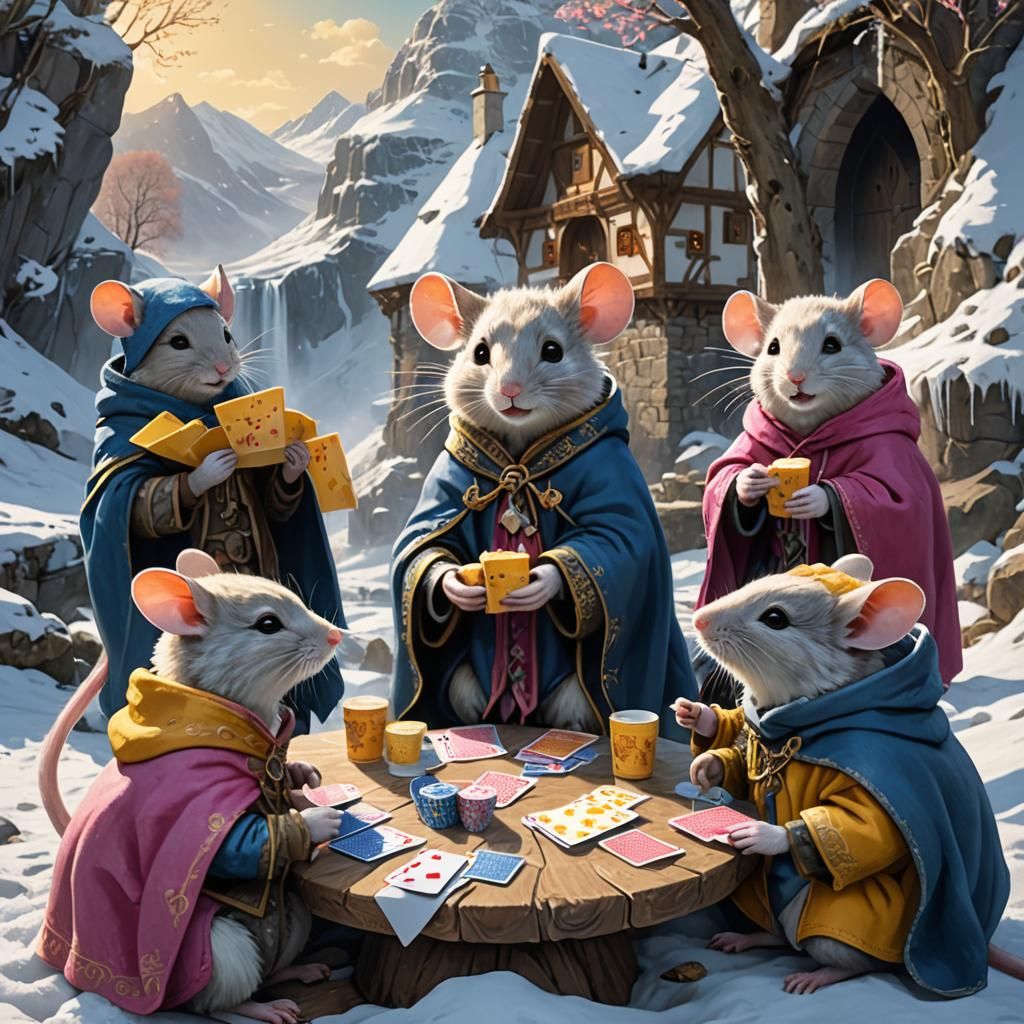 Mouse Playing Poker in Snowy Mountains