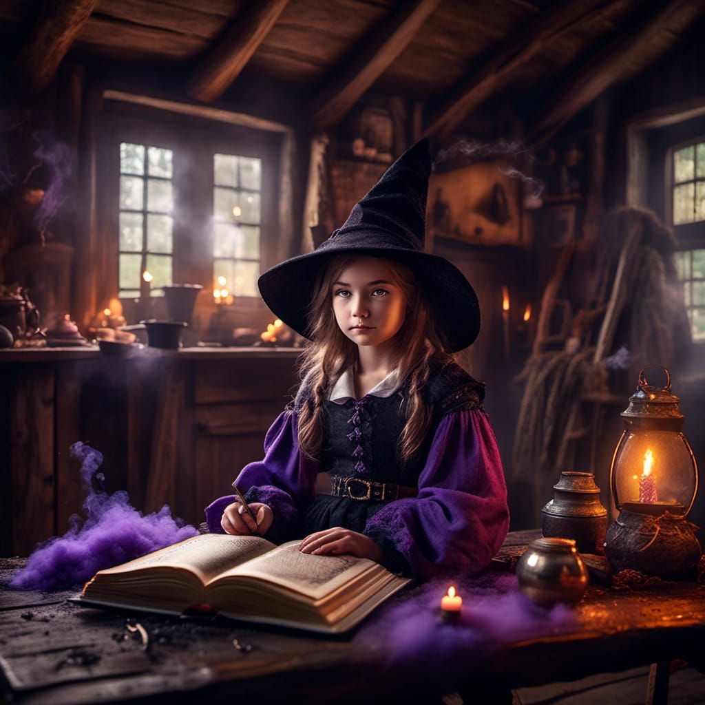 Adorable Young Witch in Rustic Cottage, Photorealistic Style