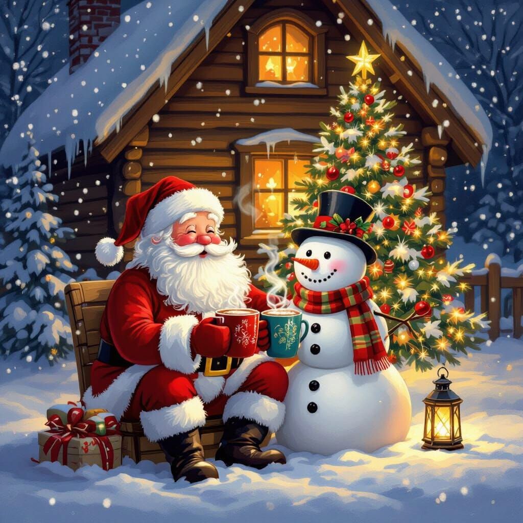 Santa and Snowman Enjoy Cocoa by Cozy Cabin