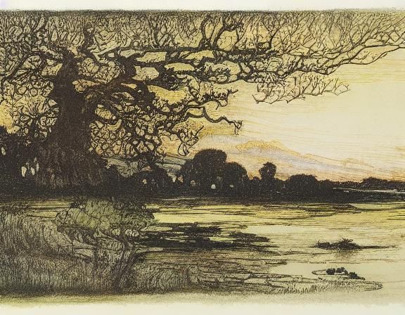 Lake Landscape with Oak Trees in Storybook Style
