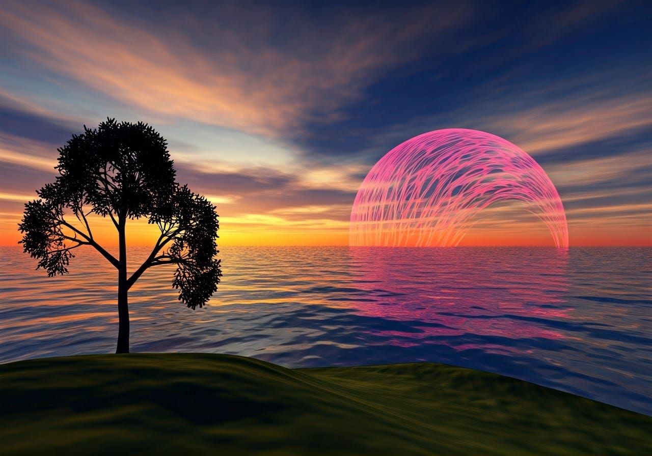 Retro 3D Render of Pink Sphere Over Sunset Sea