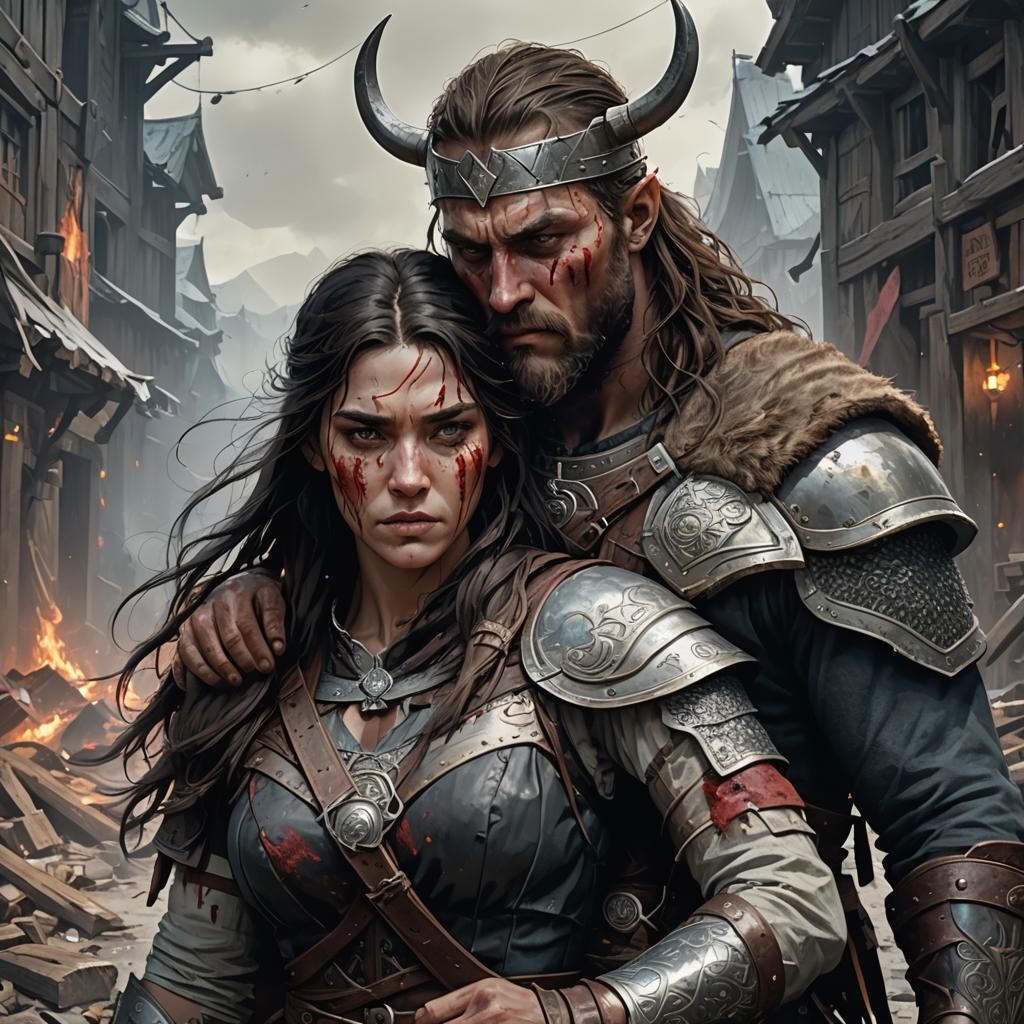 (roughly drawn)(long dark haired)viking warrior couple, embracing in a devastated, bloody, dark, evil, battleground(man ...