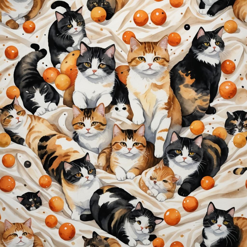 Adorable Fat Kittens Playing in Watercolor Style