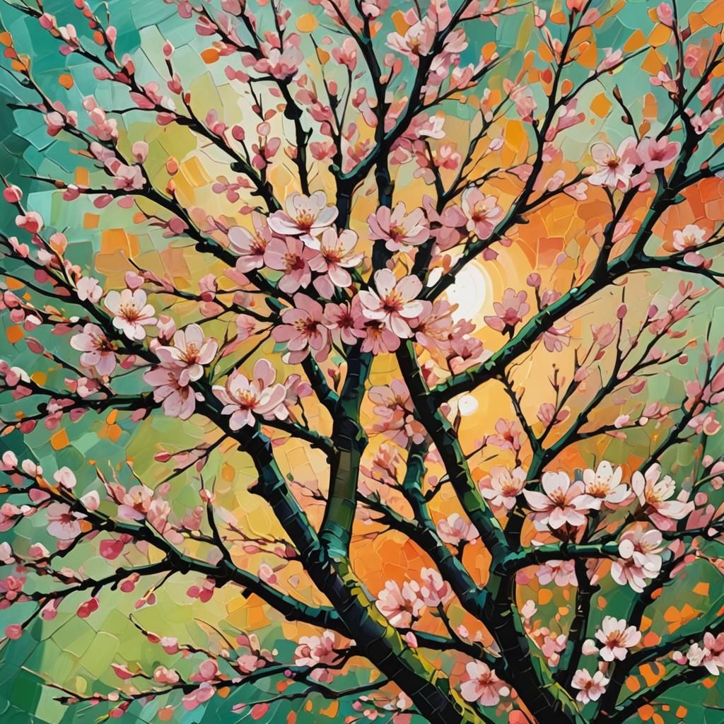 Blooming Cherry Tree in Abstract Expressive Style