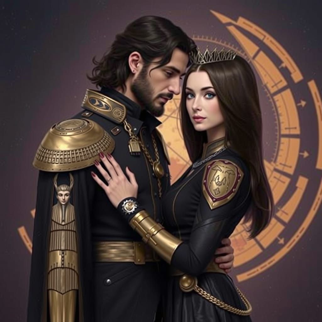 Dark Goddess and Light God Embrace in Space