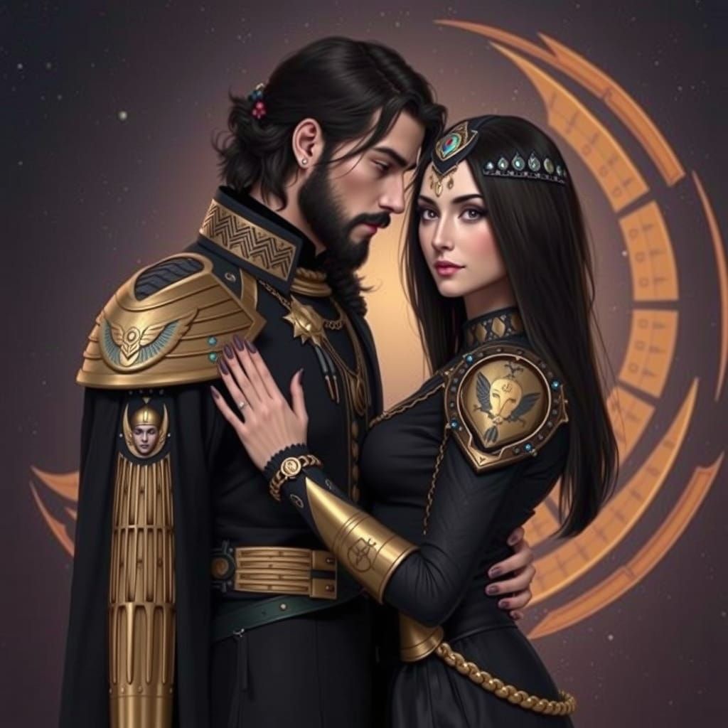 Dark Goddess and Light God Embrace in Space