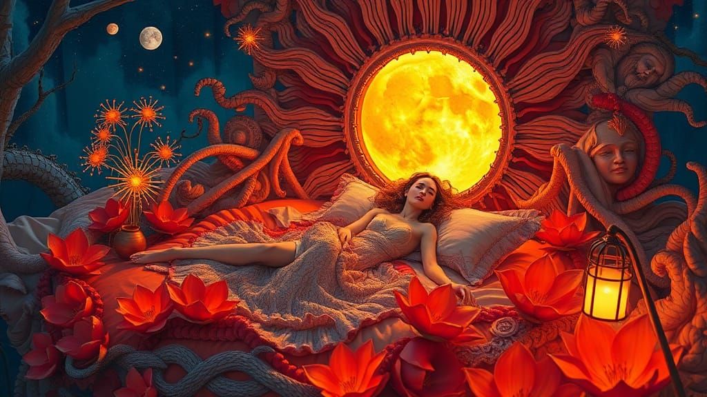 Celestial Woman in Surreal Botanical Bed