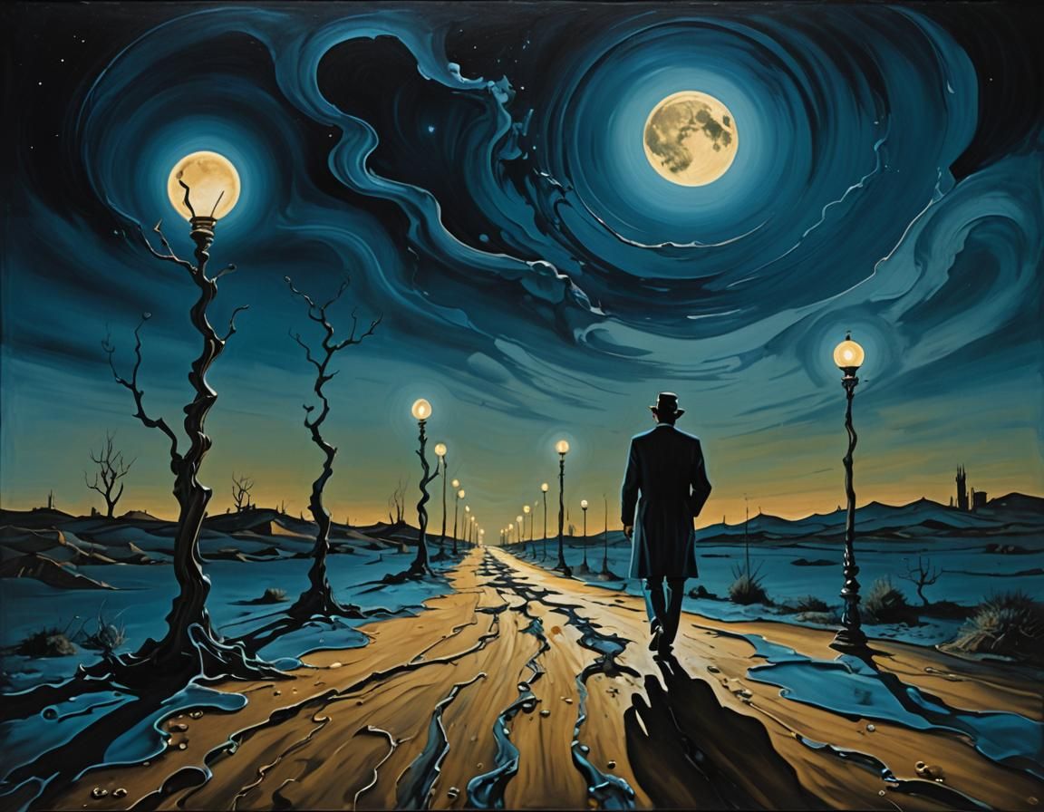 Surreal Night Footpath in Salvador Dali Style
