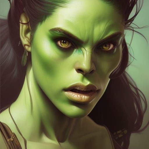 80s Dark Fantasy Portrait of a Green Orc Woman