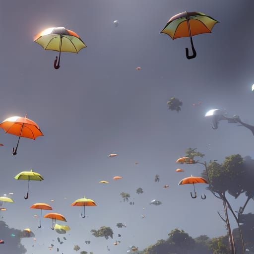 Colorful Umbrellas in Rainy Sky, Hyperdetailed Digital Art