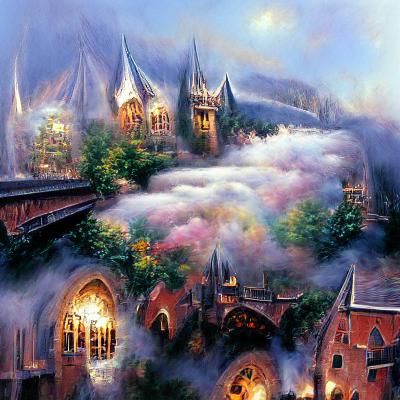 Ethereal Fantasy Hogwarts in Thomas Kinkade Style