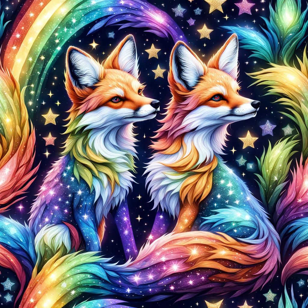 Rainbow Glitter Foxes Dancing Among the Stars