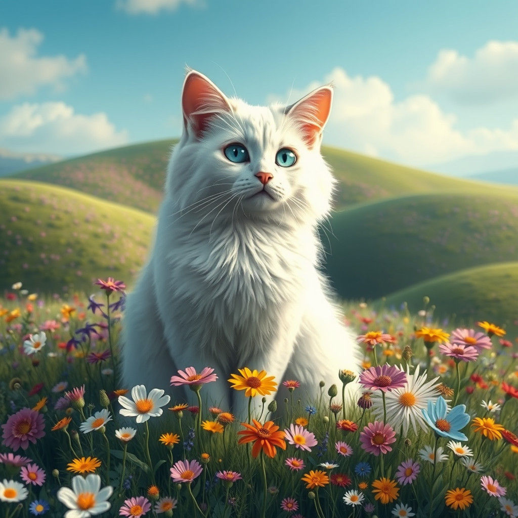 White Cat in Wildflower Field, Fantasy Concept Art
