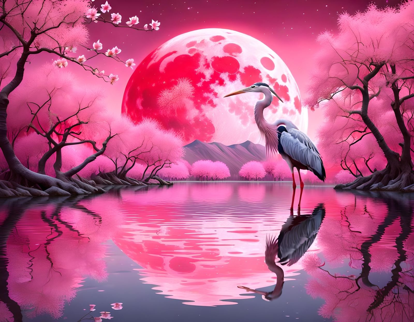 Pink Heron in Moonlit Landscape, Digital Art