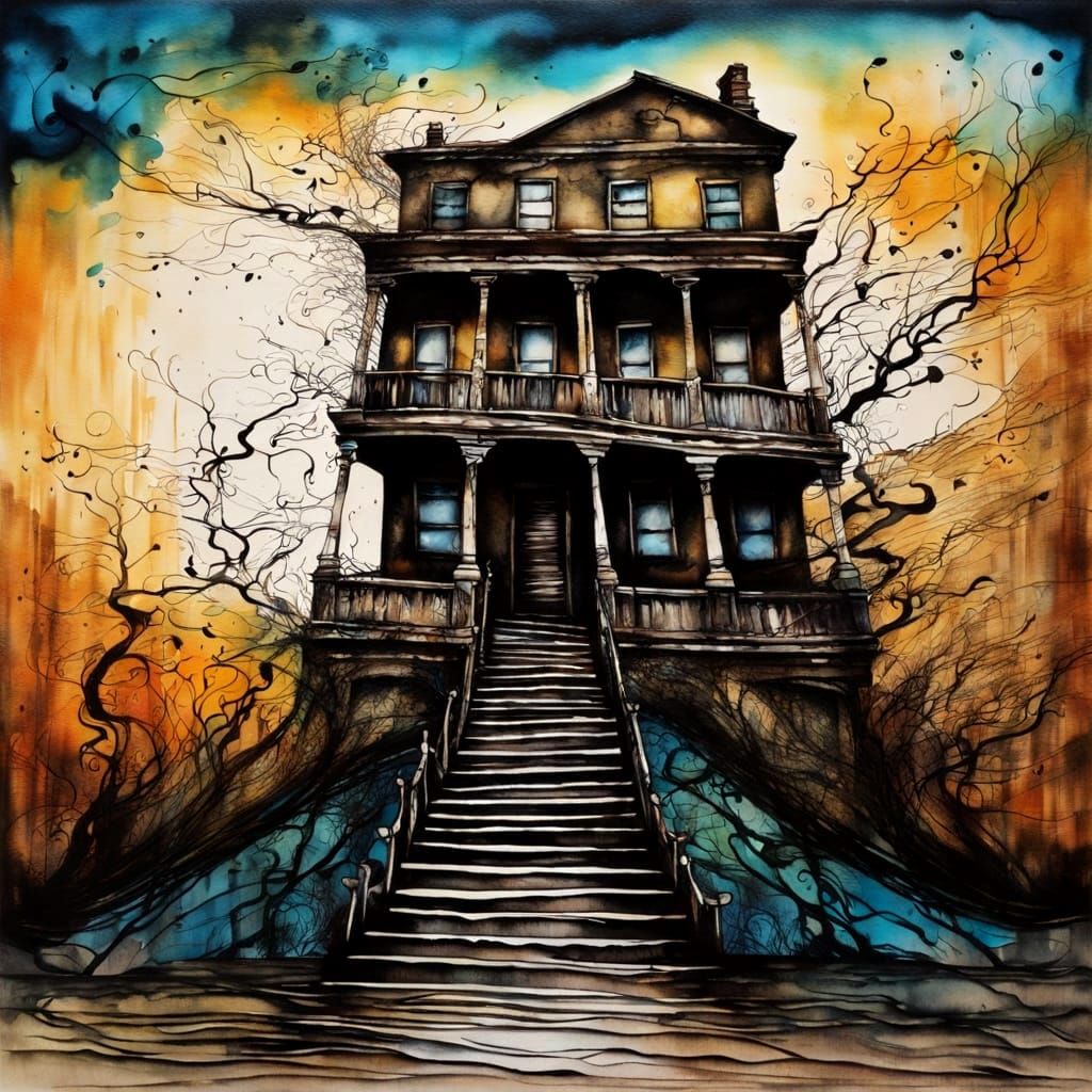 Surreal Wooden Staircase Ascending to the Sky