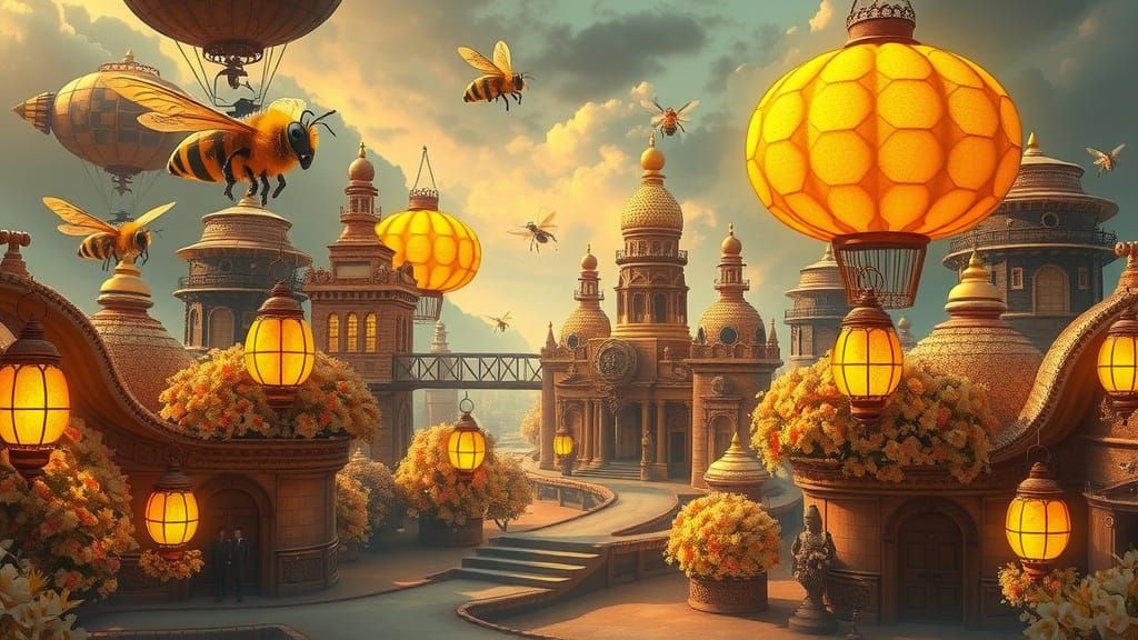 Bee-Inspired Metropolis in Vibrant Golden Light
