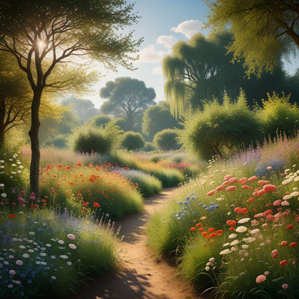 Impressionist Blooming Meadow Under Bright Skies