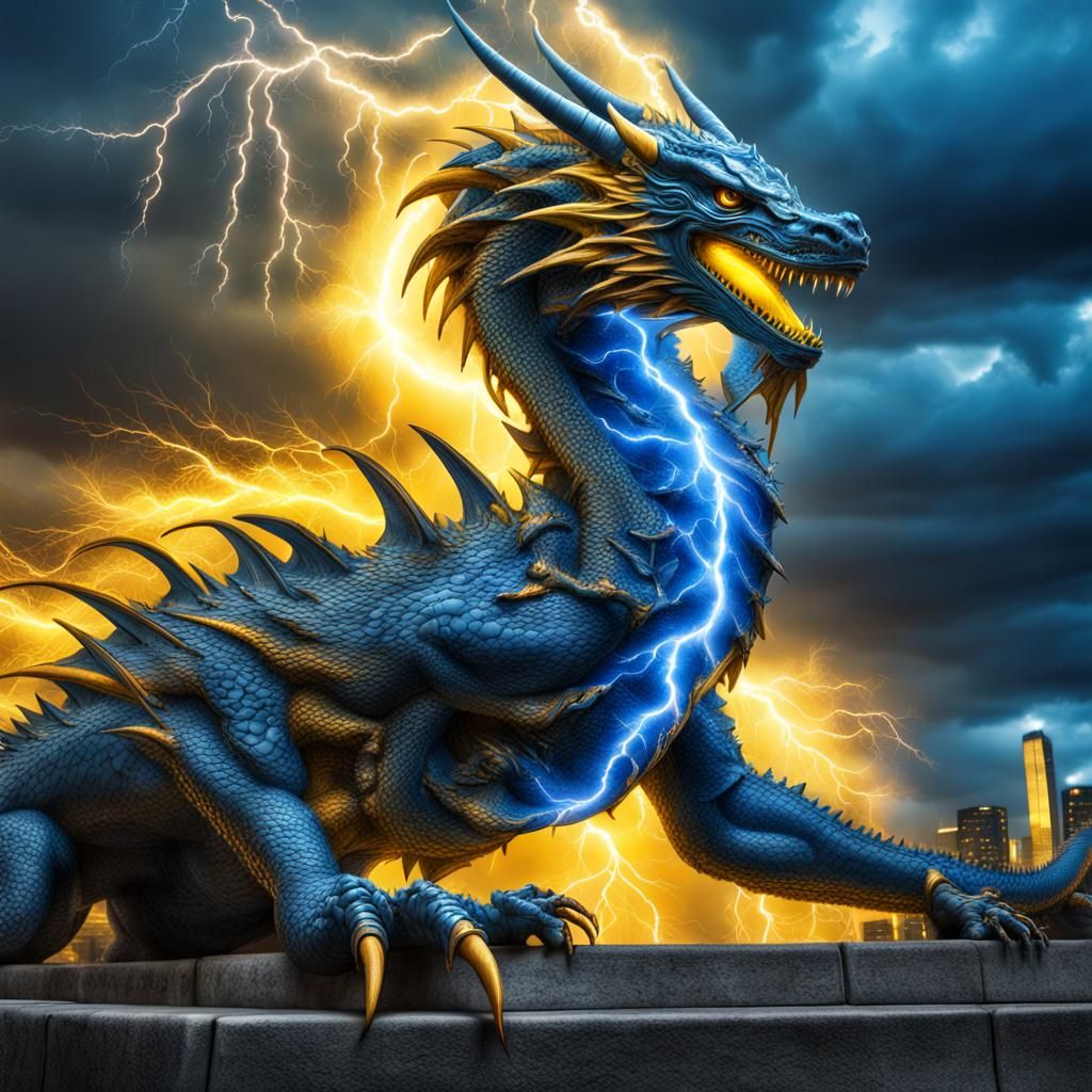 Blue and Yellow Lightning Dragon in City Storm