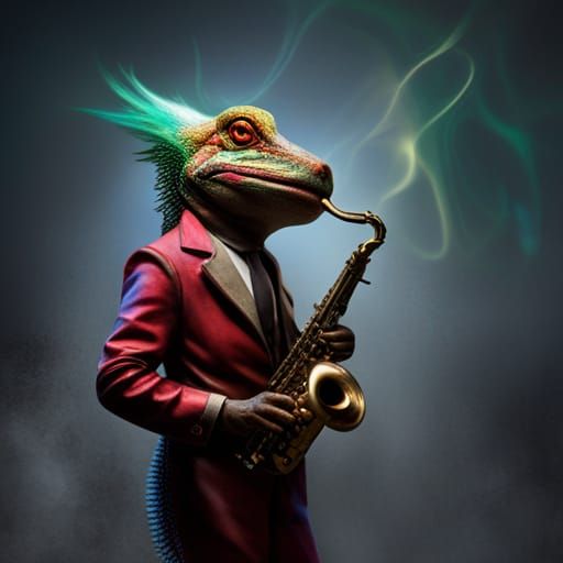 a lizzard playing a saxophone
