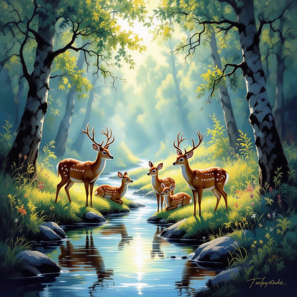 Deer Family in Sunlit Forest Glade