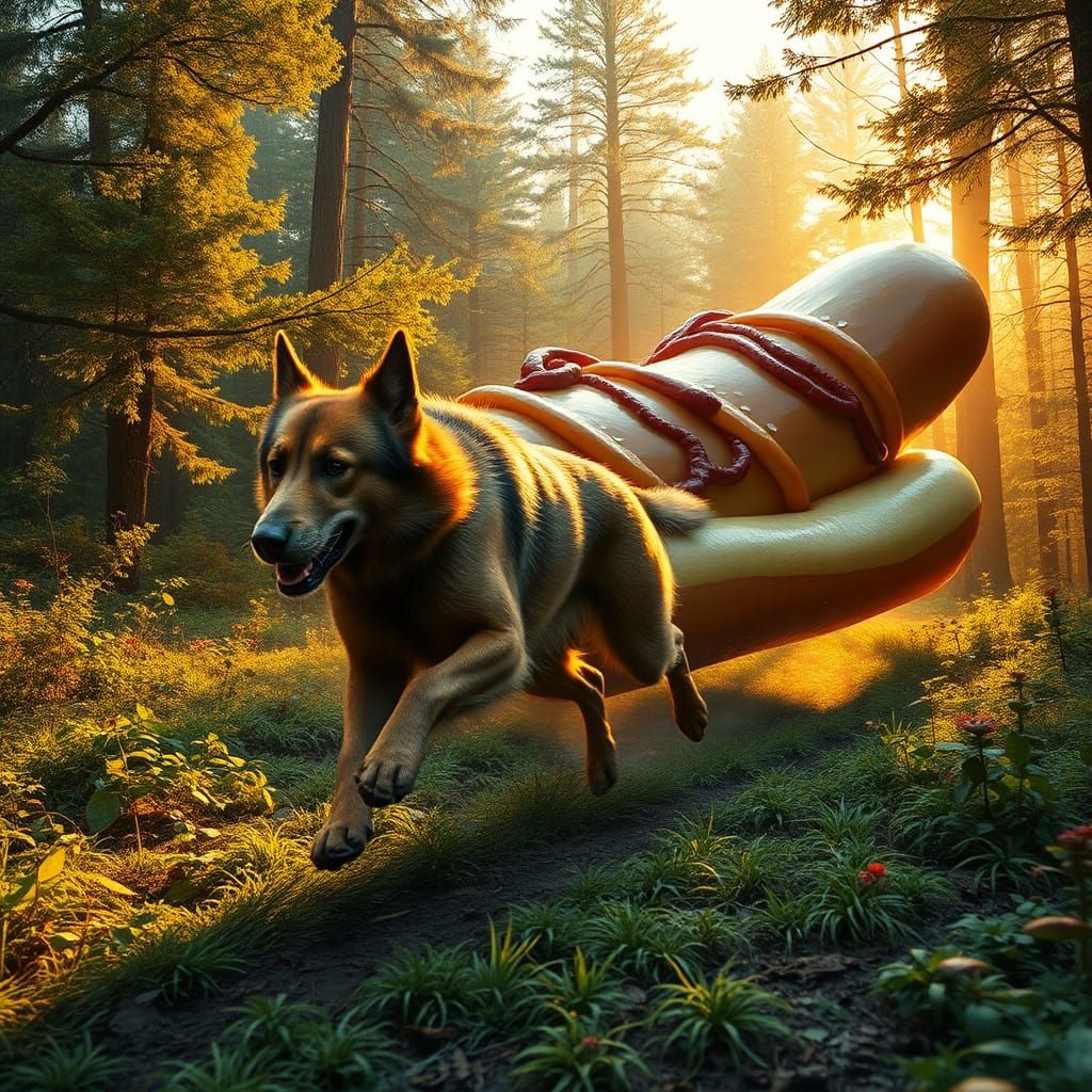 Dog Fleeing Giant Hotdog in Hyperrealistic Forest
