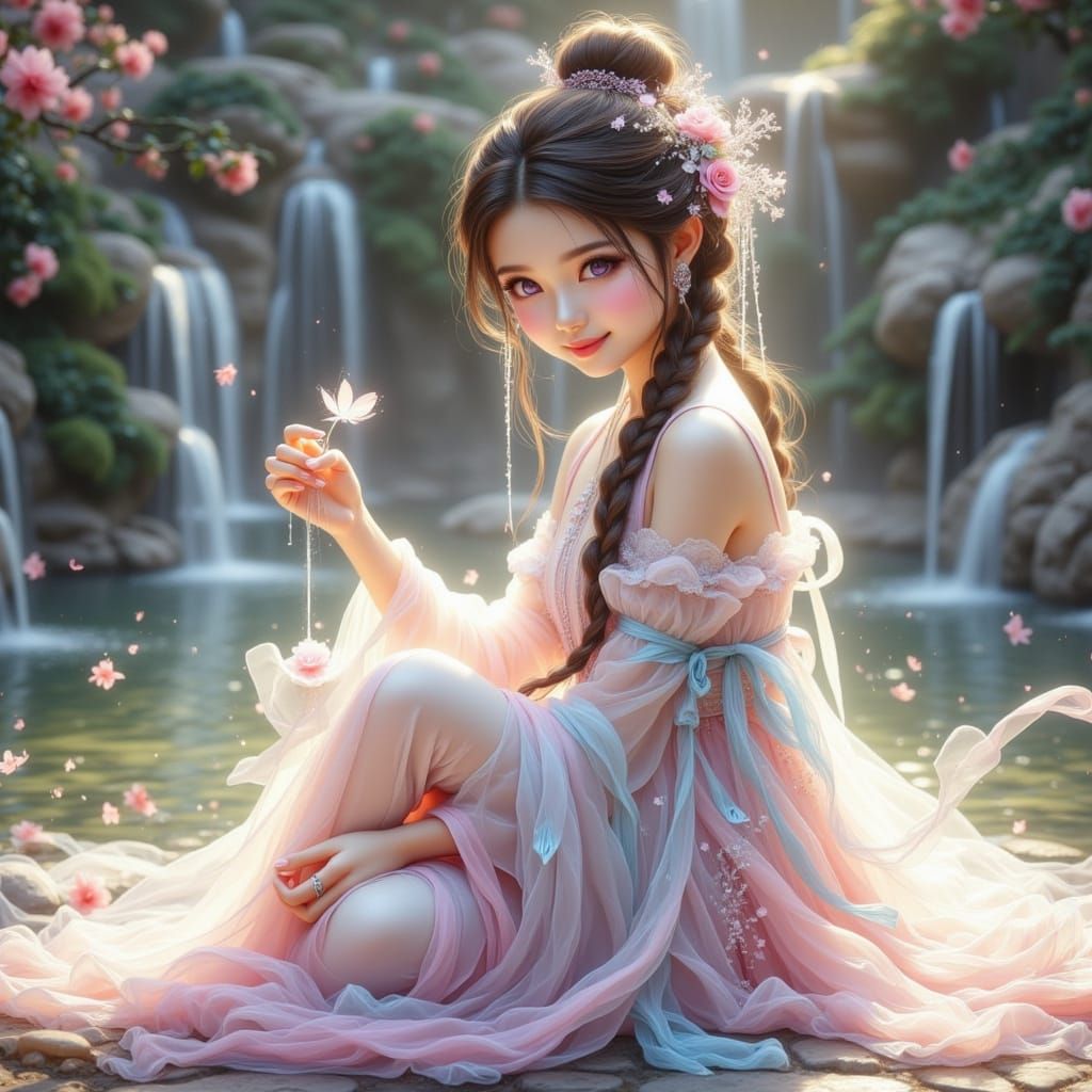 Regal Chinese Girl at Fountain in Anime Style