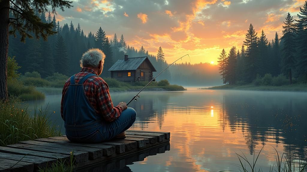 Tranquil Lakeside Fishing Scene at Dusk