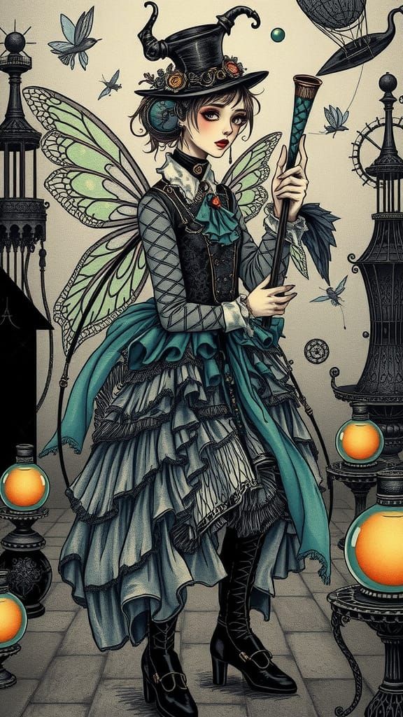 Steampunk  fairy godmother ,    avant-garde black and white ...