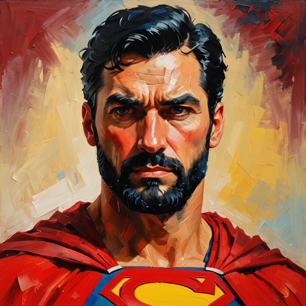 Sad Man in Superman Shirt, Impasto Oil Painting