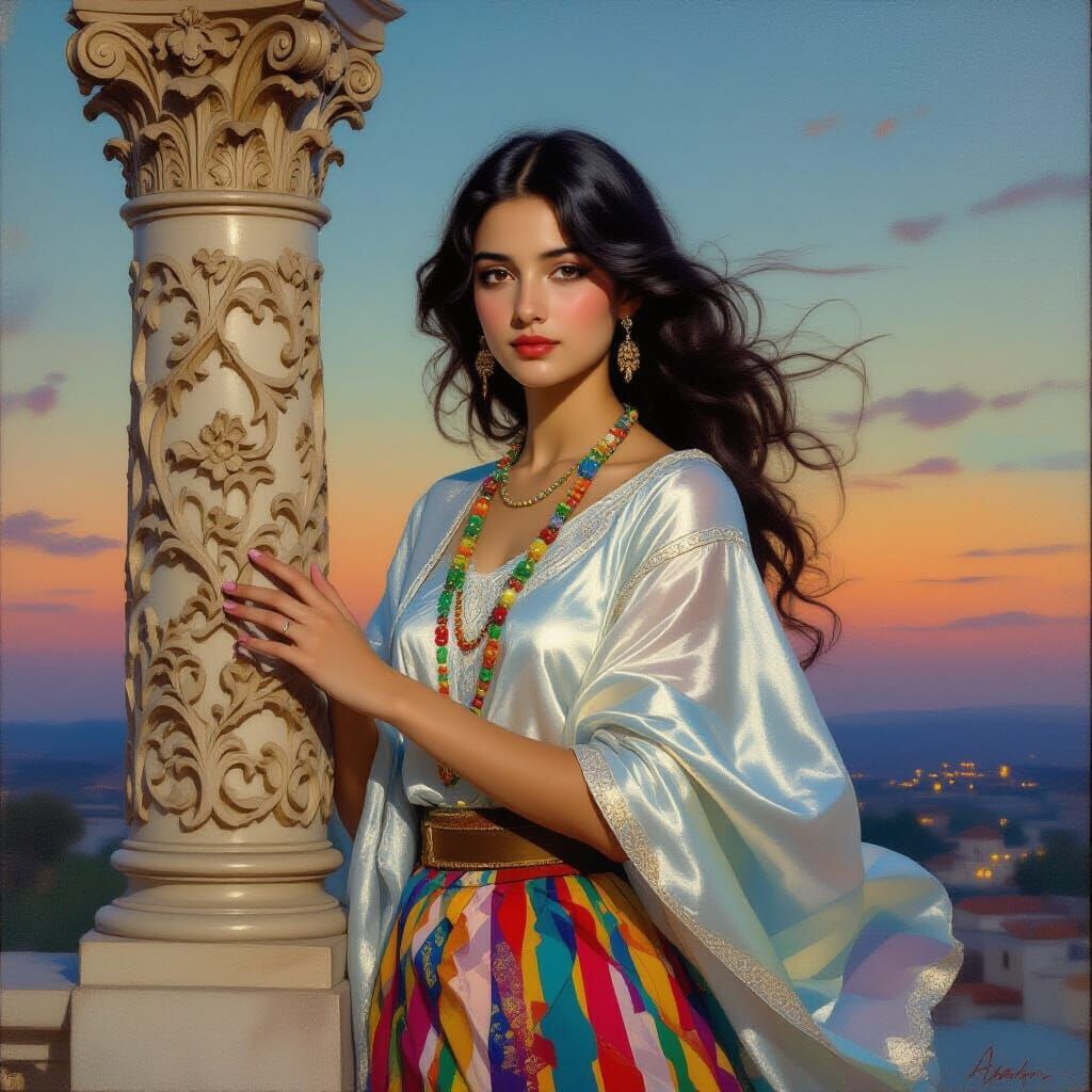 Serene Woman in Twilight by Ornate Column