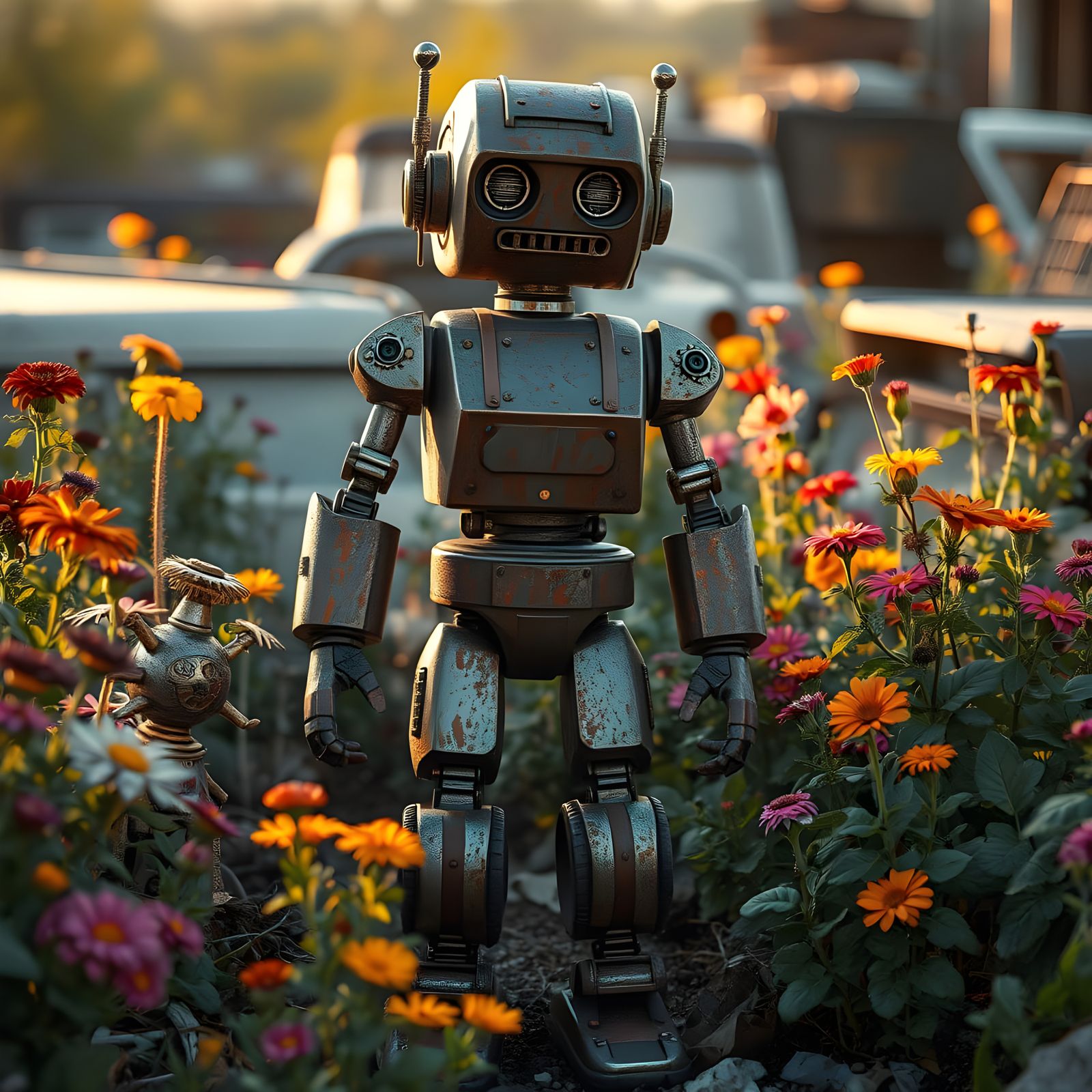 Rusty Robot Amongst Vibrant Junkyard Garden