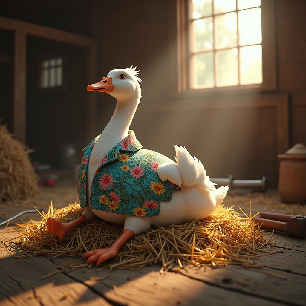 Goose in Hawaiian Shirt Relaxing in Barn, Detailed Digital P...