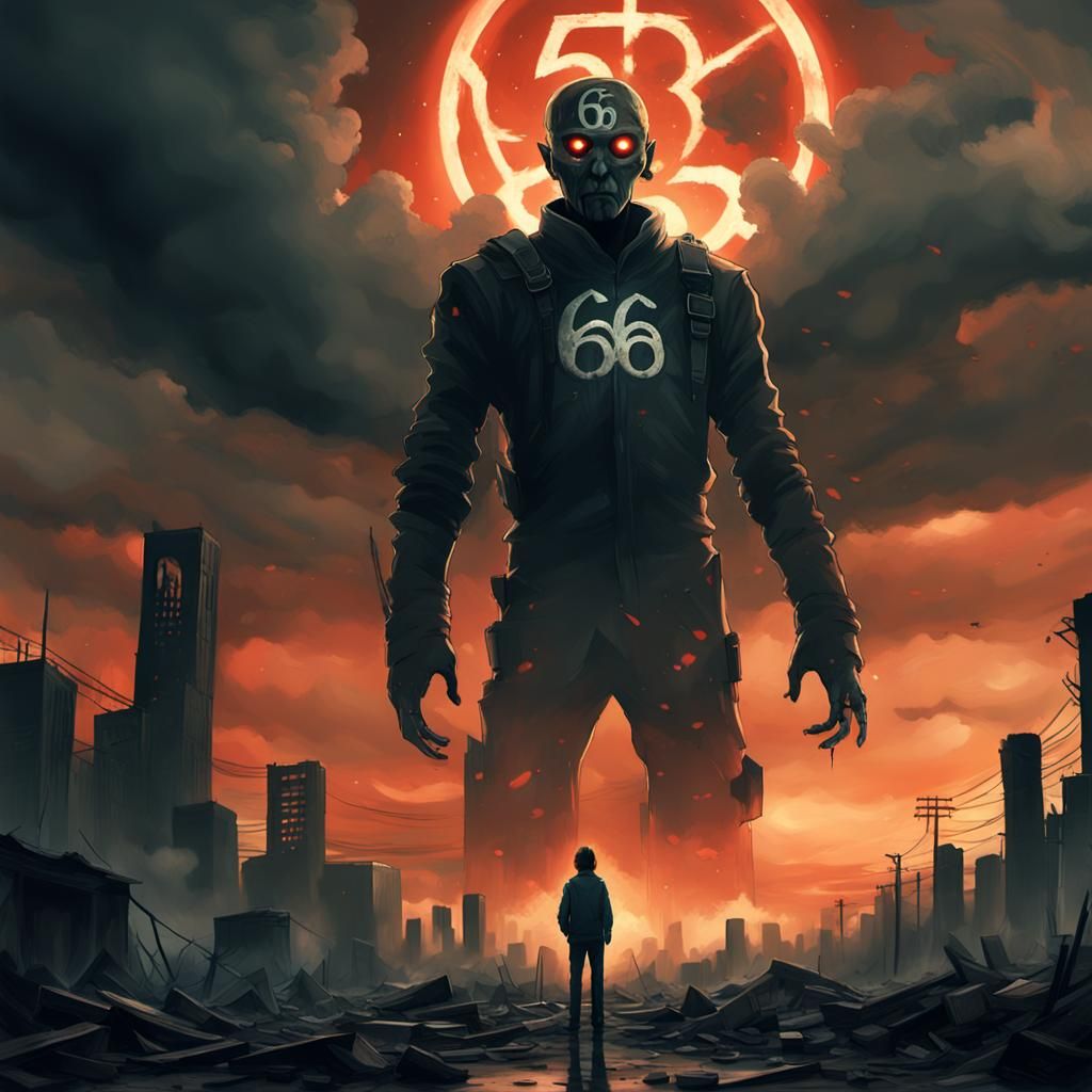 Apocalyptic Figure in Ruined Cityscape, with 666 Mark