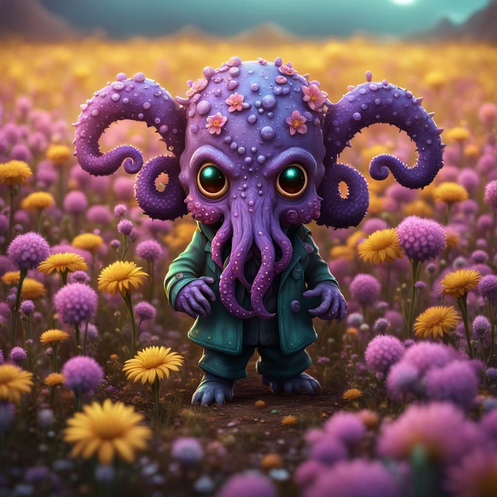 Chibi Cthulhu in Desiccated Flower Field