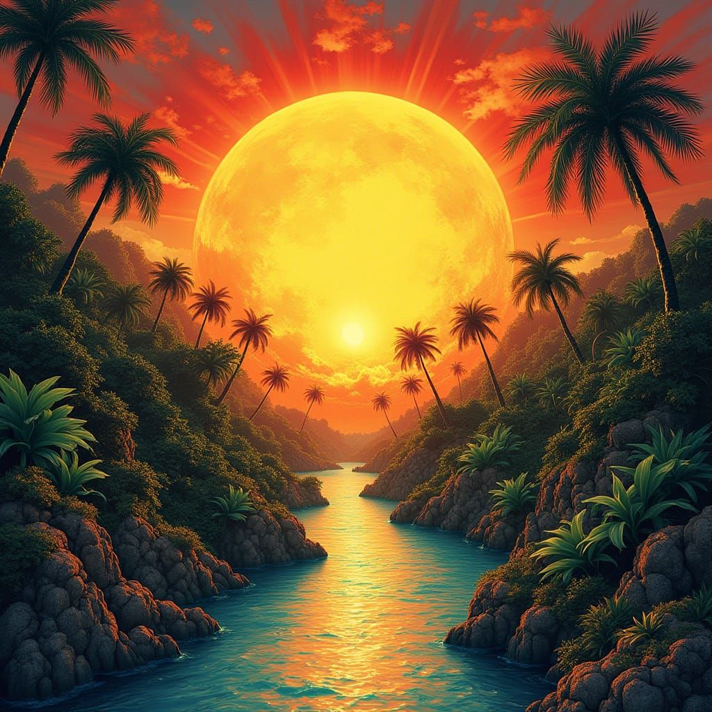 Surreal Sunscape with Tropical Landscape and Solar Rain