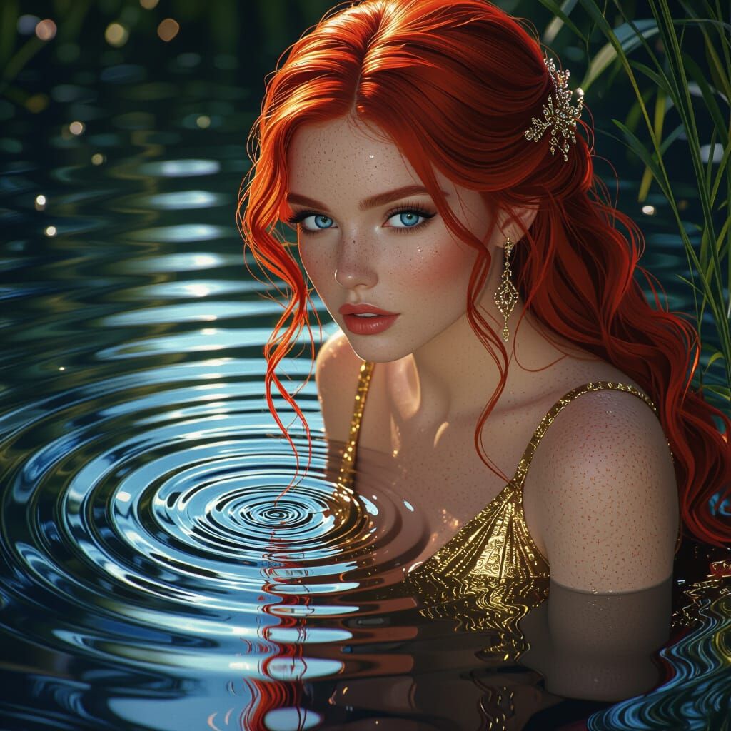 Woman in Gold Dress Gazes at Rippling Pond Reflection